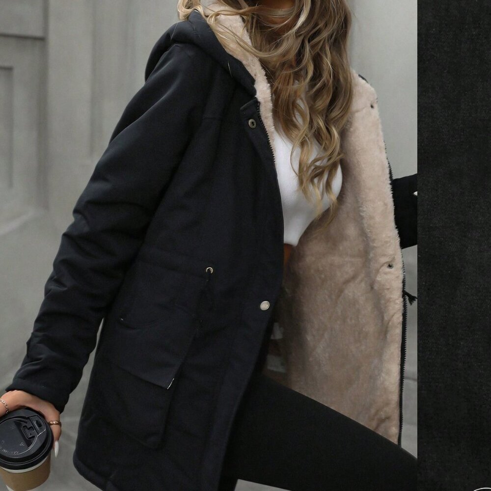Black Casual Women's Hooded Zip-Up Padded Coat - Picture 3 of 6
